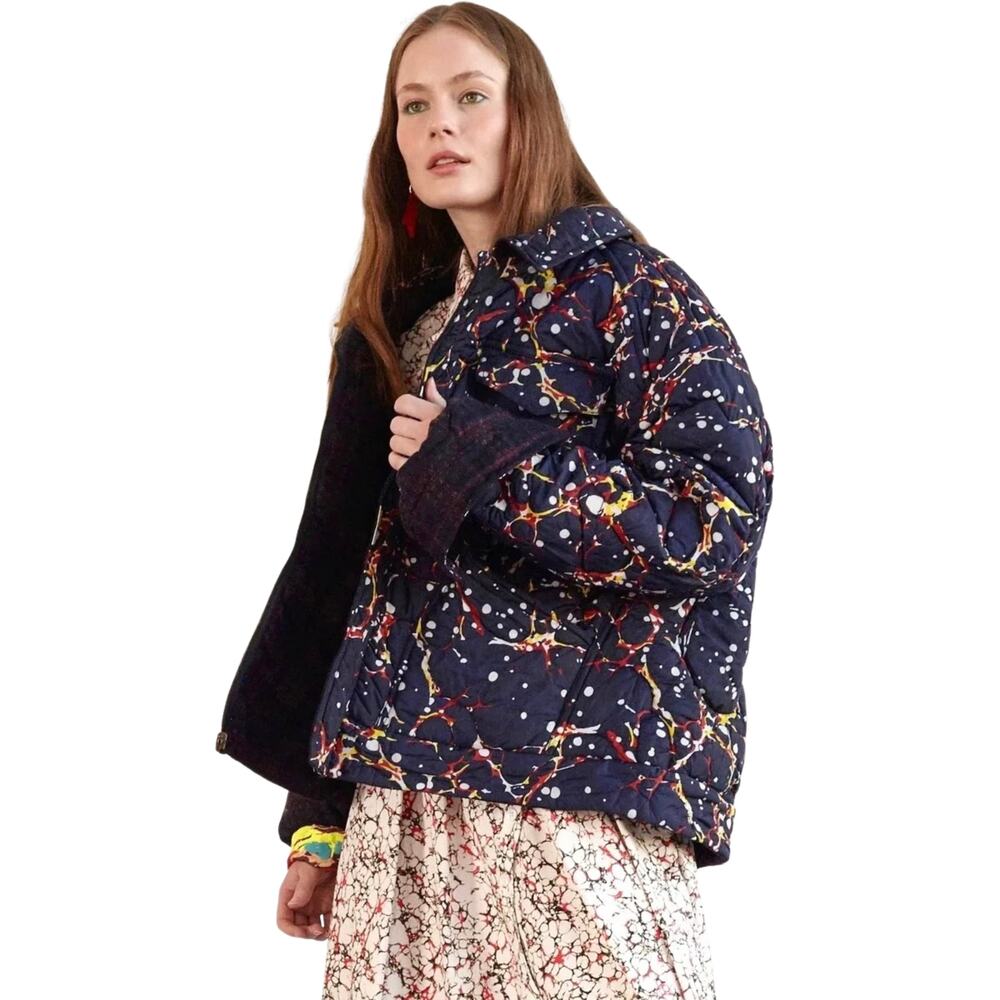 Rosie Assoulin Marble Print Reversible Puffer | Navy Wool Plaid Quilted Jacket S